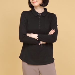 엄마옷 바른 카라 체크배색 기본 단추 여성 봄 가을 겨울 긴팔 블라우스 B01332