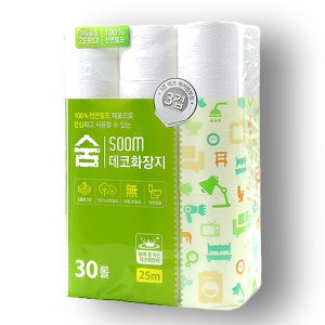 숨 데코 화장지 먼지없는 천연펄프 3겹 화장지 업소용 물에잘녹는 휴지 25M 30롤