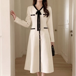 [자체제작] [자체제작S M L 사이즈추가] 배색 리본 트위드 원피스 결혼식 하객룩 op14932