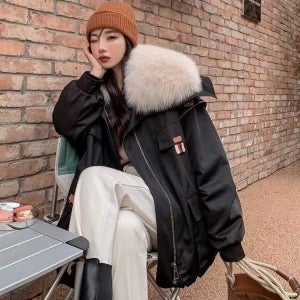여성 토끼털 탈부착 폭스퍼 카라 캐주얼 후드 퍼재킷