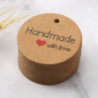 포장용 핸드메이드 라벨텍 100개 원형 크라프트 종이 브라운 HANDMADE 쿠키 수제 택