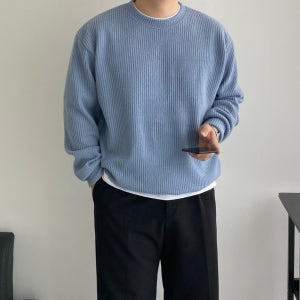 1+1 남자 니트 무지 라운드 골지니트 오버핏 긴팔
