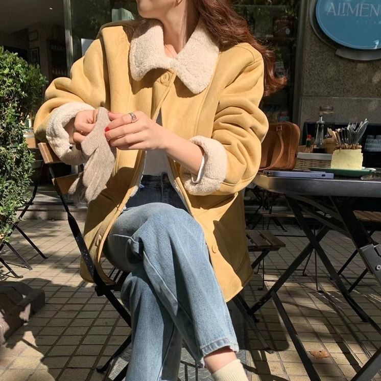양털 스웨이드 무스탕 자켓 하프코트 옐로우 브라운 무스탕코트