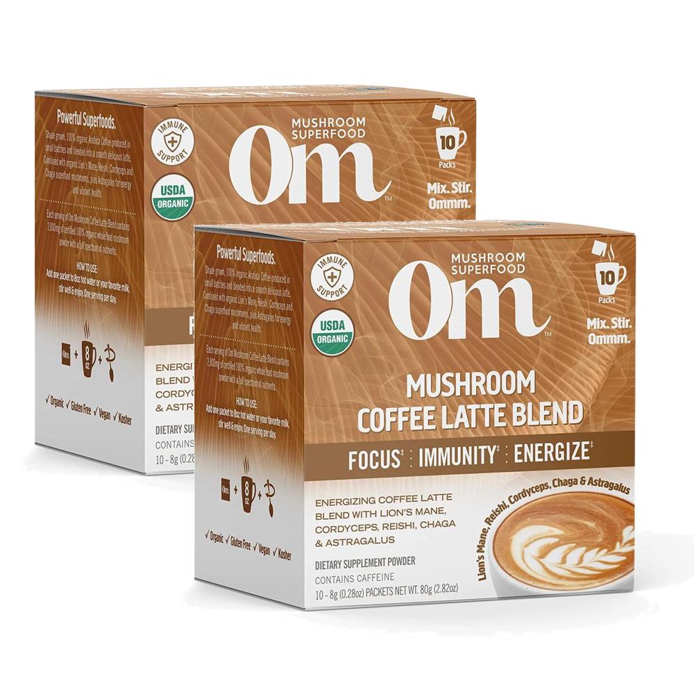 오엠슈퍼푸드 <b>머쉬룸</b> 블랜드 라떼커피 차가 레이시버섯 Om Superfood Mushroom Coffee Latte Blend Powder 10패킷 2팩