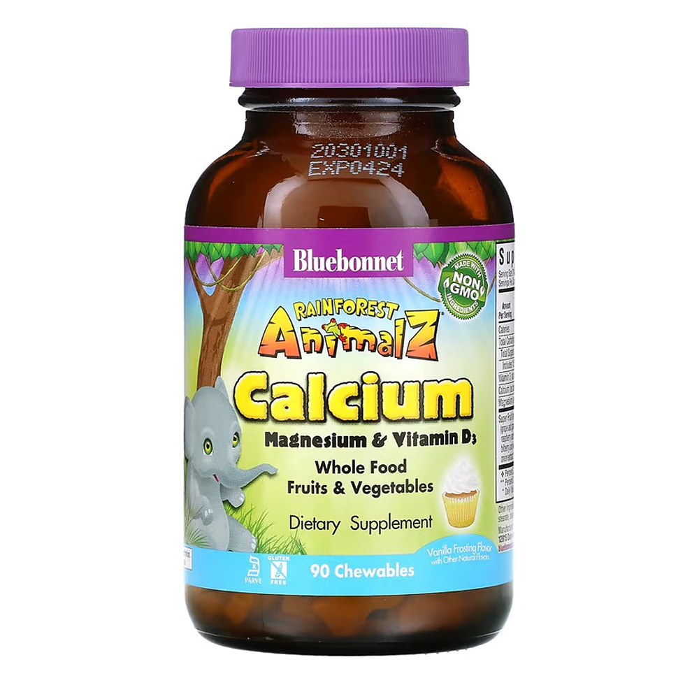 블루보넷 <b>레인포레스트</b> 애니멀 <b>칼슘 마그네슘 비타민 D3</b> 바닐라 츄어블90정 X 1통