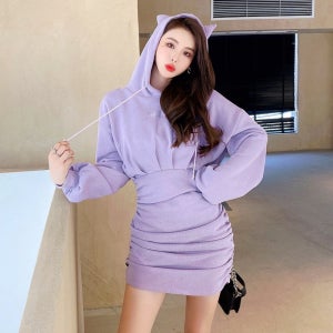 캐쥬얼 꾸안꾸 귀달린 타이트 츄리닝 보라색 원피스