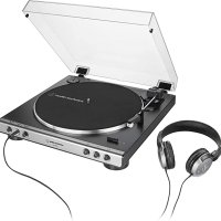 Audio-Technica AT-LP60XHP 완전 자동 벨트 드라이브 턴테이블 및 헤드폰 번들 건메탈/블랙 Hi-Fi 2단 속도 통합 3.5mm 잭 ampamp 볼륨 조절