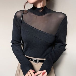 여자여자몰 섹시반투명시스루 반목니트티 사선프릴 꽃샘추위고급상의