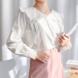 프릴 빅카라 세일러 핀턱 블라우스 화이트 베이지 긴팔블라우스
