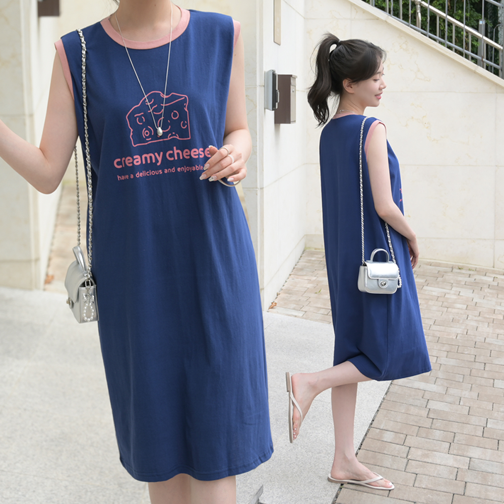 [슈퍼특가] 여름 치즈 배색 레터링 민소매 홈웨어 롱 원피스 힐다