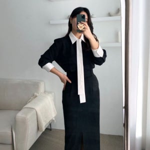 h라인 타이원피스 하객 원피스 배색 카라 셔츠 롱원피스 결혼식 봄