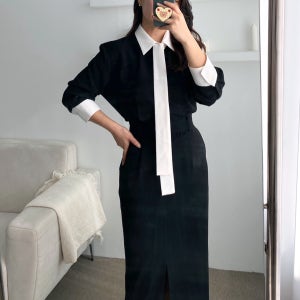 h라인 타이원피스 하객 원피스 배색 카라 셔츠 롱원피스 결혼식 봄