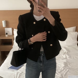 로쉘 금장 더블버튼 트위드 자켓 3col 봄 가을 크롭 라운드 노카라 하객 모임 제이플로우