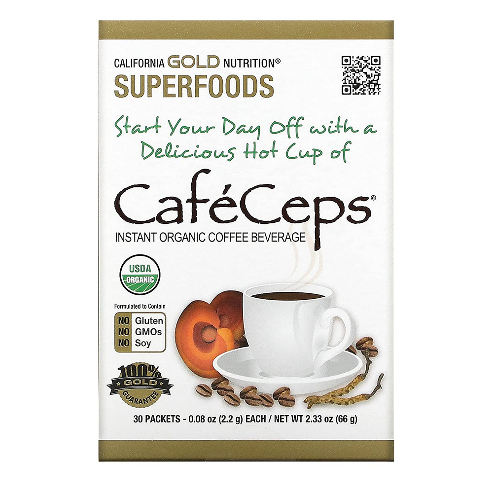 캘리포니아골드뉴트리션 <b>CafeCeps</b> 오가닉 인스턴트커피 30패킷 머쉬롬 레이쉬