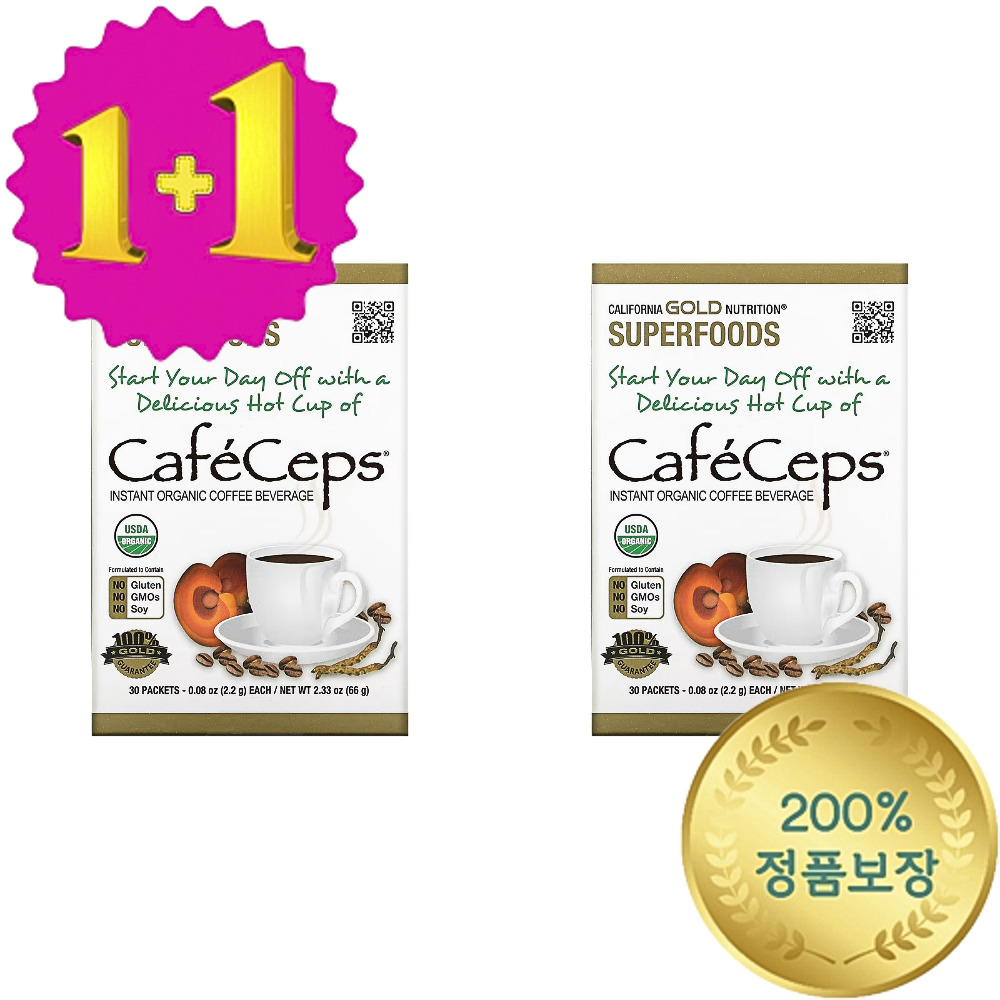 1+1 CGN 동충하초 영지 분말 <b>CafeCeps</b> 유기농 커피 각 2.2g 30 팩 봉