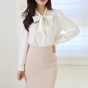 타이 삥줄 배색 블라우스 하객룩 오피스룩 정장 출근룩 리본 코디