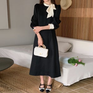 키슈 하객룩 단정 단아한 여성 원피스 모던한 투타입 타이 롱원피스 - 2 Color