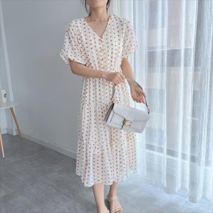 가벼운 원피스 캐비닛 스톡 여름 드레스 넥 추상 퍼프 슬리브 루즈