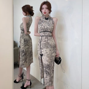 우아하고 여성스러운 빈티지 프린트 슬림핏 민소매 개량형 화양연화 치파오 원피스