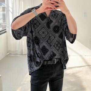 여름 오버핏 페이즐리 하와이안 남자 반팔 셔츠 (2color)