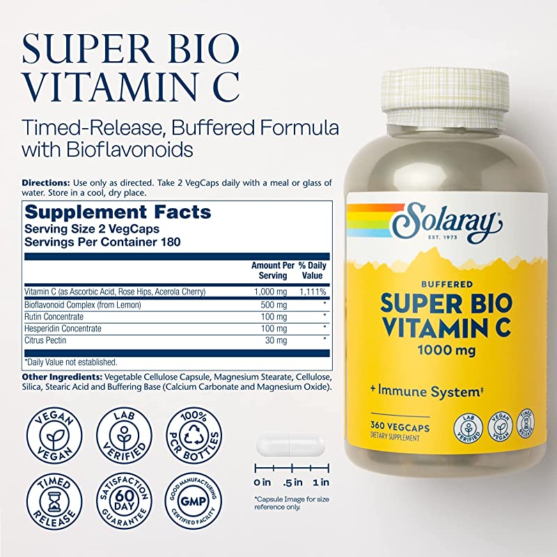 loftysol SOLARAY 슈퍼 바이오 비타민 C 1000mg 버퍼드 바이오플라이보노이드가 보호되는 시간 연장 <b>운동</b> 고강도 흡수 및 배낭 지원을 보호하는 2단계 비건 60일