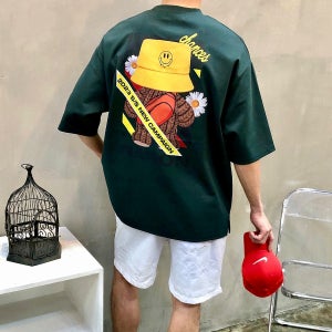 박스 뒷판 버킷 곰돌이 플라워 레터링 전사 프린트 남자 여름 반팔 티셔츠