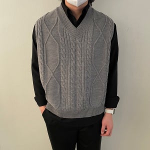 남자 니트조끼 꽈배기 니트 조끼 오버핏 브이넥 빅사이즈