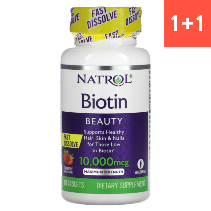 1+1 나트롤 <b>비오틴</b> 바이오틴 패스트 디졸브 딸기맛 <b>10000</b>mcg 60정 2통