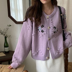 마이이너웨어 여성 꽃자수 폼 플라워 도톰 세미 크롭 니트 가디건 빅사이즈