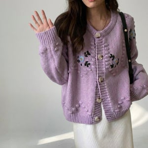 여성가디건 꽃자수 폼 플라워 도톰 세미 크롭 니트가디건 빅사이즈