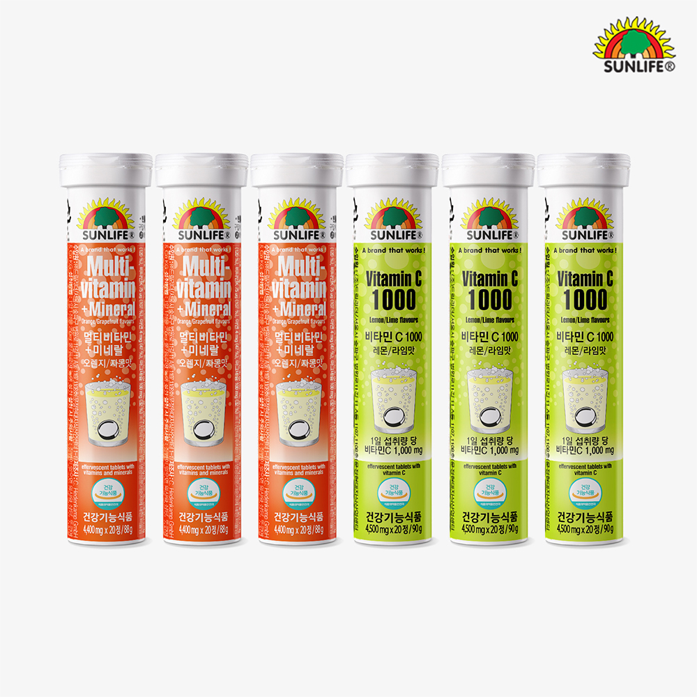 <b>썬라이프</b> 물에타먹는 발포<b>비타민</b> <b>비타민</b>C 1000 레몬&amp;라임 맛 20정 3병 + 멀티<b>비타민</b>+미네랄 오렌지&amp;자몽 맛 20정 3병