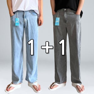 1+1 남자 청바지 와이드 스판 여름 데님 연청 그레이 빅사이즈