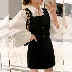 국내제작 빅사이즈 네모 트위드 격식 하객 데이트룩 베스트 미니 스커트 투피스 세트 (2color)