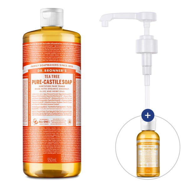 닥터 브로너스 퓨어 캐스틸 솝 유기농 대용량 바디워시 향선택 티트리 950ml & 펌프 세트 (+60ml 향랜덤 증정)