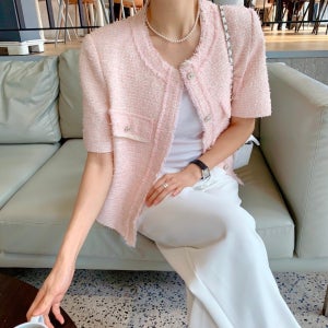 반팔 트위드 자켓 가디건 코코 핑크트위드