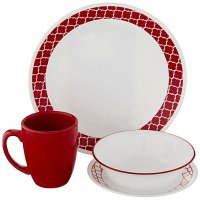 코렐 접시 Corelle Crimson Trellis 칩 및 파손 방지 디너 세트, 유리, 빨간색, 16개 29 x 14.5 cm