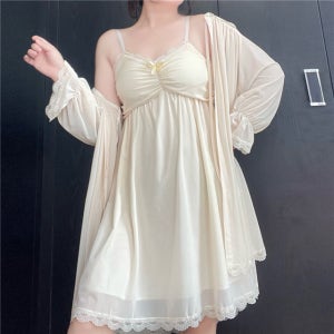 [55-88까지] 러블리 모달 쉬폰 레이스 가운 원피스잠옷 세트 공주님 홈웨어 빅사이즈슬립