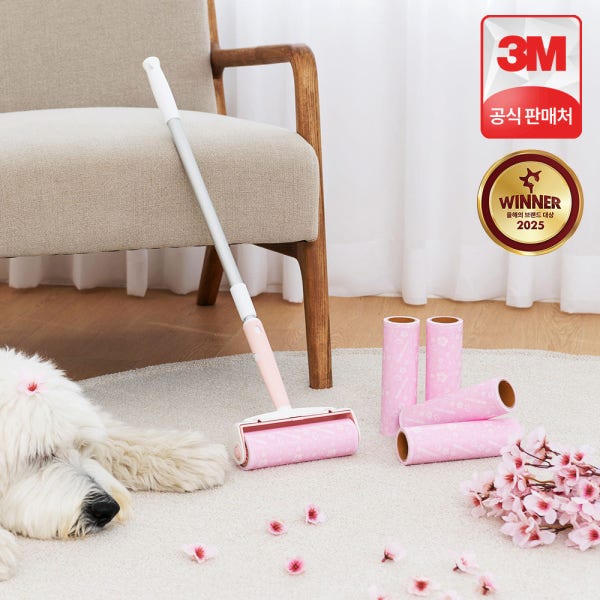 3M 스카치브라이트 돌돌이 테이프클리너 롤크리너 대형 클린컷 체리블라썸 롱핸들 밀대 세트(롱핸들 1개+리필 5입)