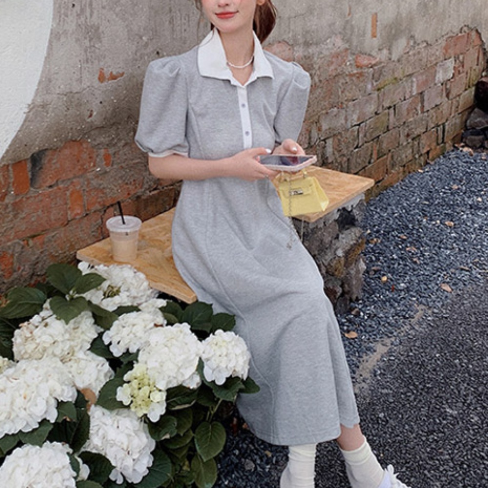 여자 여름 카라넥 블랙 그레이 A라인 벌룬 롱 반팔원피스
