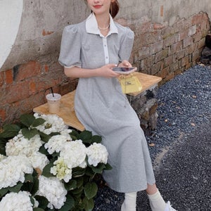 여자 여름 카라넥 블랙 그레이 A라인 벌룬 롱 반팔원피스