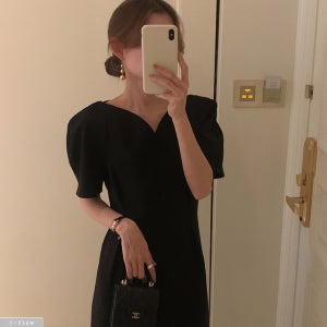 메이든 하트 브이넥 퍼프 블랙 롱원피스 1col 가을 봄 하객 퍼프 H라인 제이플로우