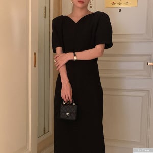 메이든 하트 브이넥 퍼프 블랙 롱원피스 1col 봄 여름 하객 퍼프 H라인 제이플로우