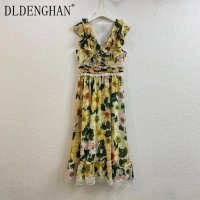 여성원피스 드레스 DLDENGHAN 패션 동백 프린트 여름 v넥 프