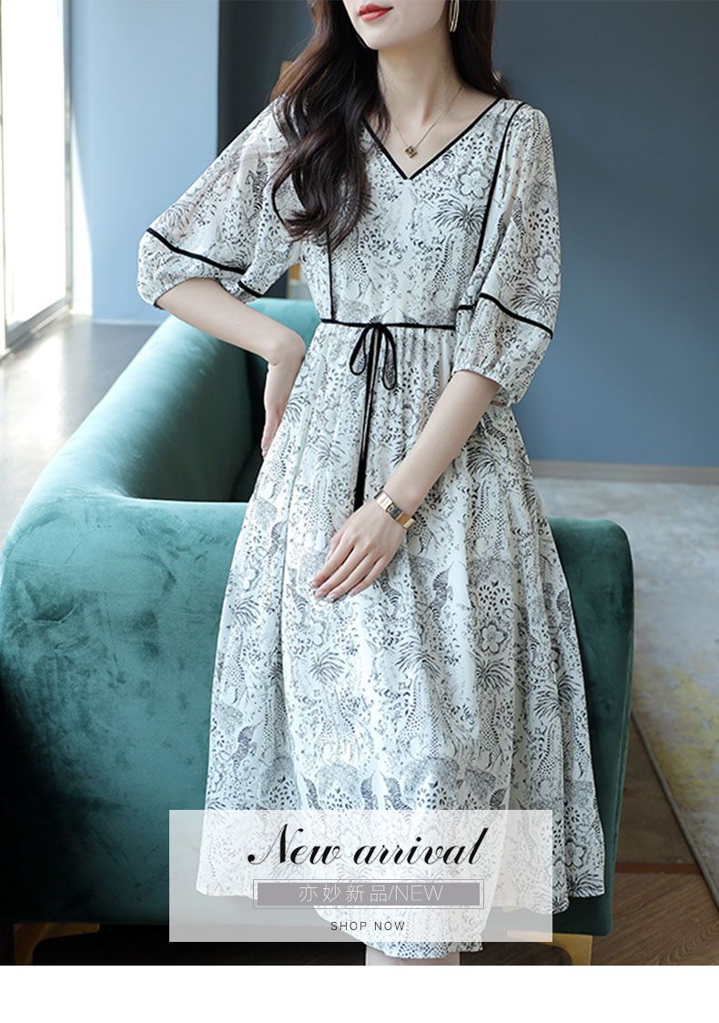 [친환경네] 여름 꽃 프린트 쉬폰 캐주얼 v넥 짧은 소매 느슨한 미디 원피스