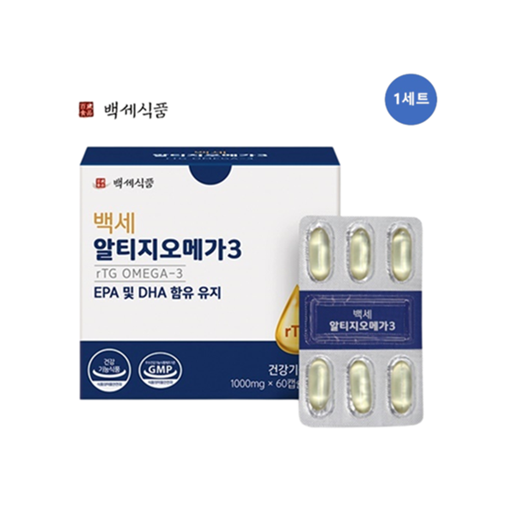 백세 rTG 알티지 <b>오메가3</b> EPA 및 DHA 혈행개선 1000mg x 60캡슐x 1박스