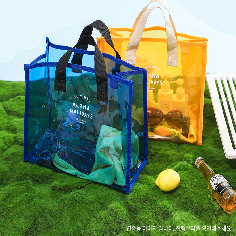 여름 패션템 사각 투명 방수 토트 비치 백 PU 컬러 패션 가방 여행 캠핑 피크닉 휴가