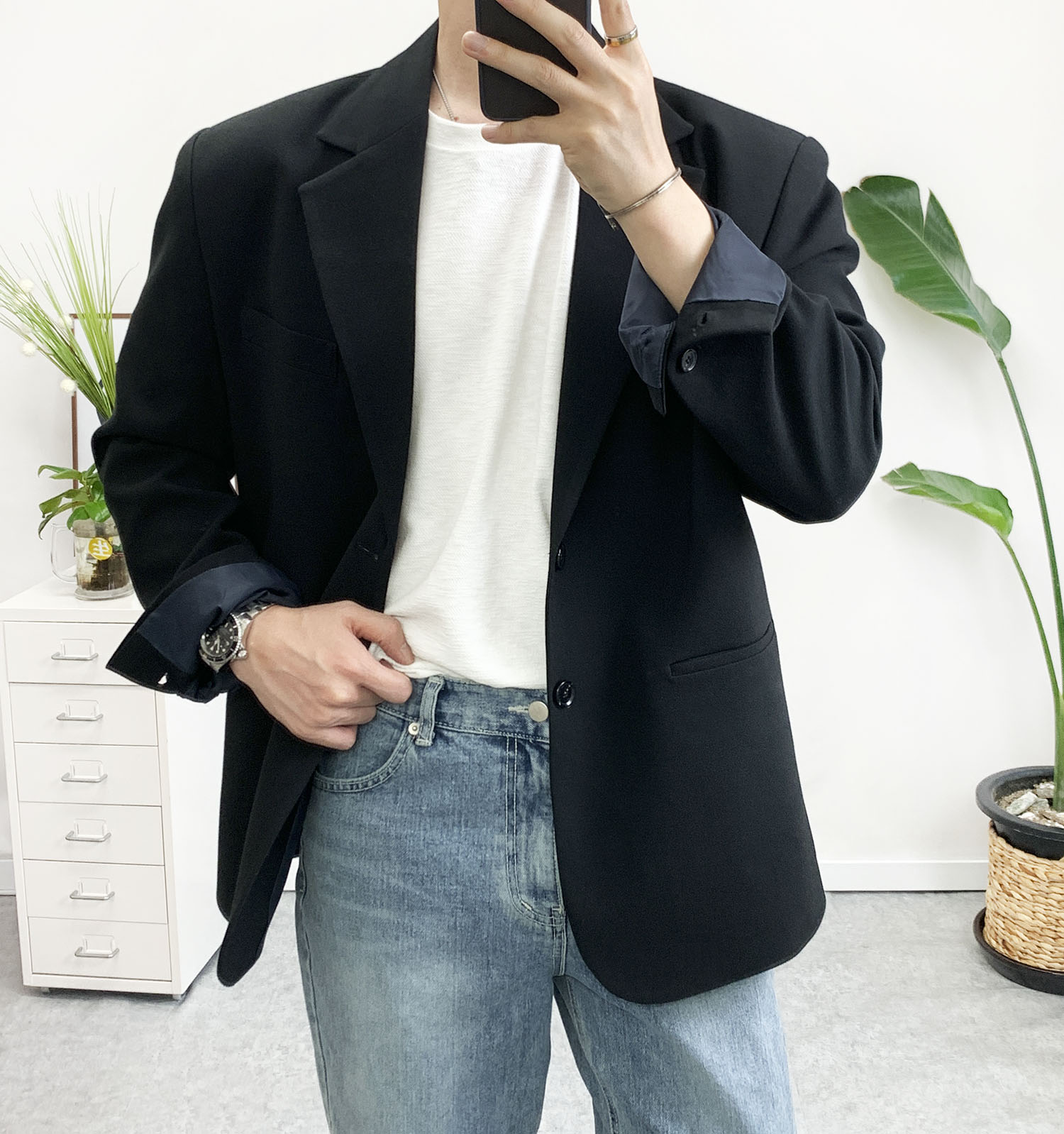 남자 오버핏 블레이저 자켓 봄 가을 투버튼 마이 블랙 그레이