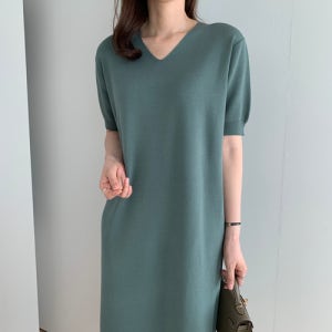 2563 비침없는 루즈핏 브이넥 반팔 니트 롱 원피스 여름