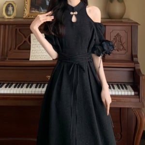 날씬해보이는 복고풍 빅사이즈 홀터넥 치파오 롱 원피스