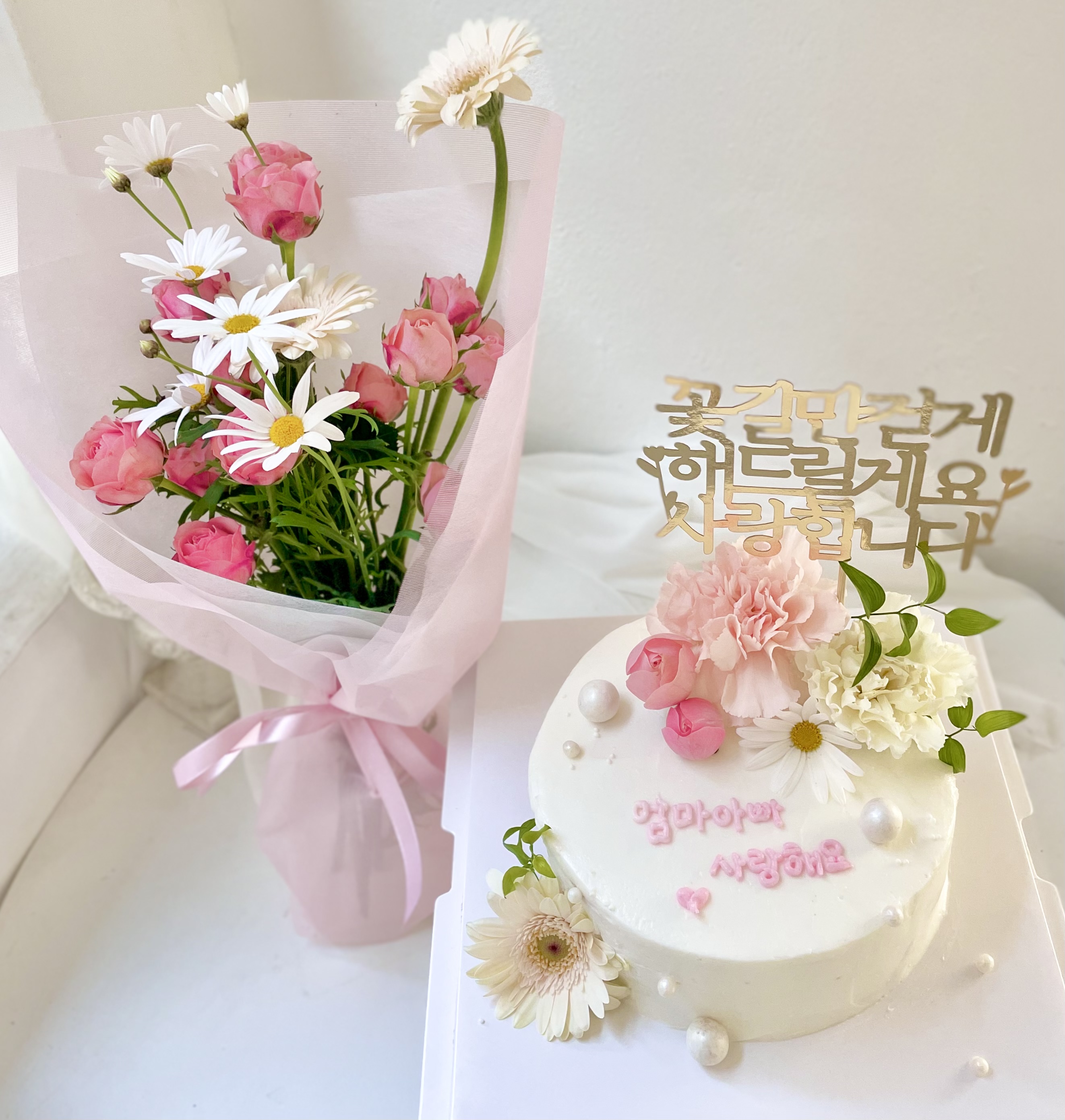 [주문제작] 어버이날 생화 케이크 꽃다발 세트 (토퍼포함) - 강남 논현동